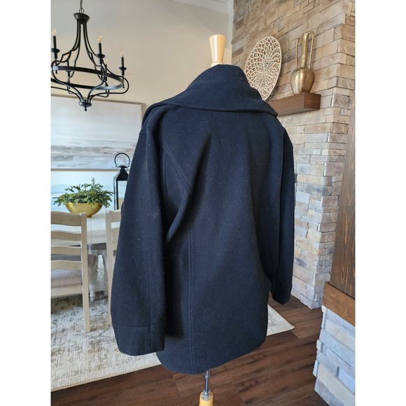 Vintage 80s Black 100% Wool Batwing Sleeve Coat Cape Beaded Button Medium - Picture 6 of 10